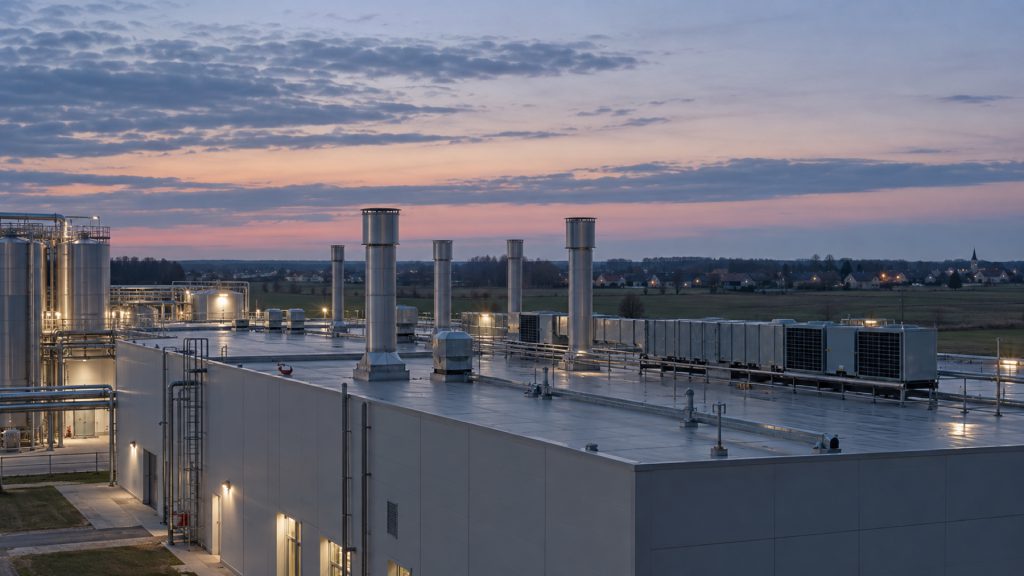 Dairy plant exhaust stacks at dusk